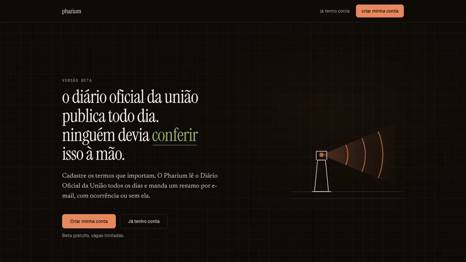 Dobra do Pharium: “o diário oficial da união publica todo dia. ninguém devia conferir isso à mão.” ao lado de um farol